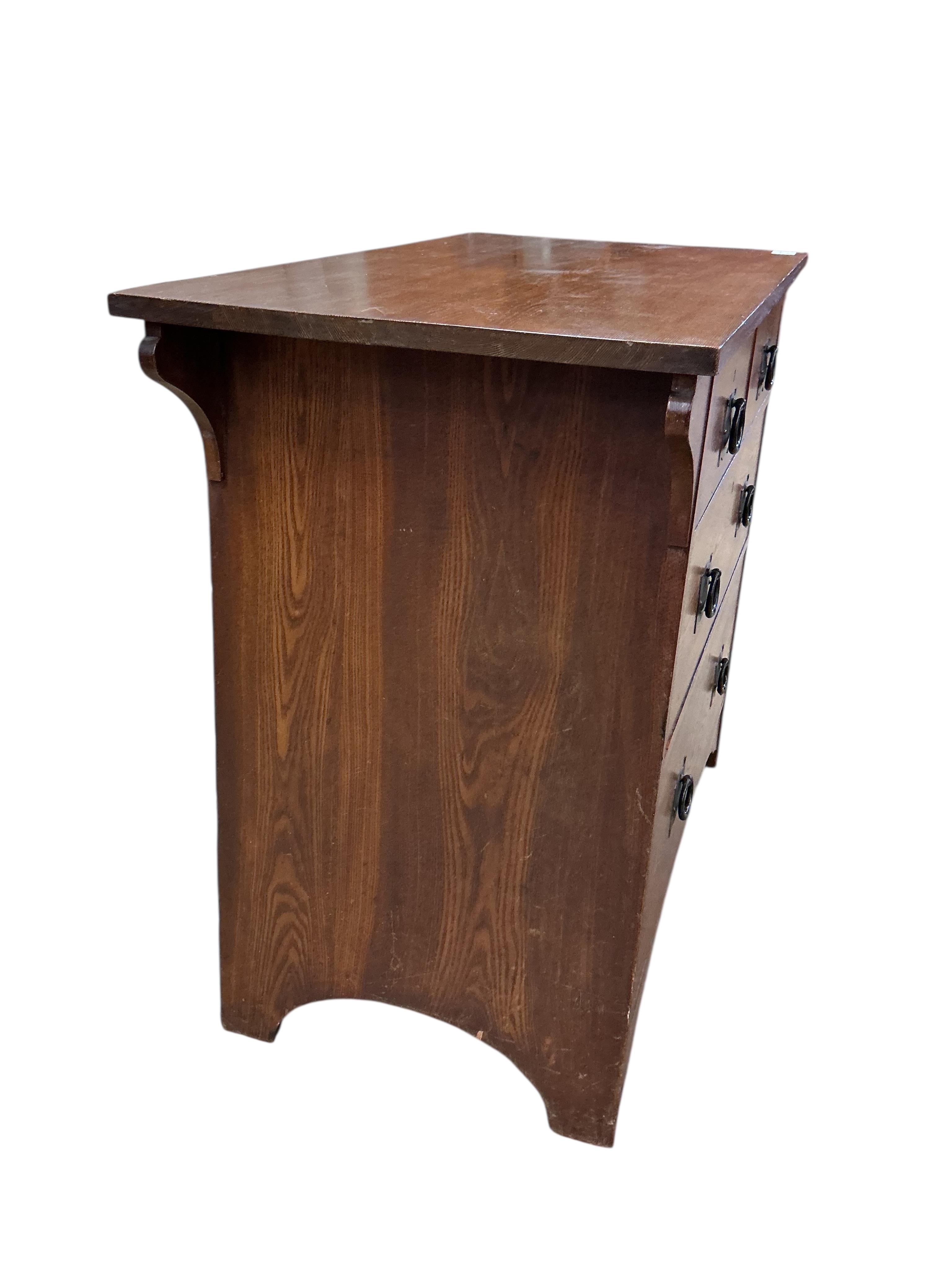 A Liberty style Arts & Crafts oak chest of four drawers, width 91cm, depth 52cm, height 84cm